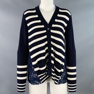 NO BRAND Size M Navy White Knit Stripe Lace Mixed Fabrics Cardigan